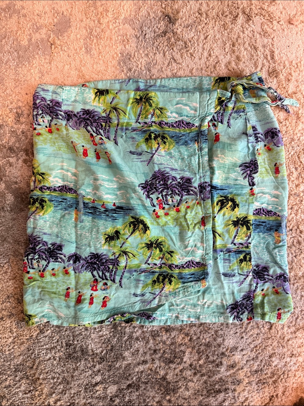 Y2K Tropical Print Wrap Skirt - Light Aqua with Green & Purple Palms